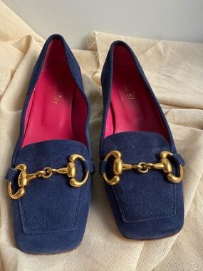 Ferca 81 Cobalt Blue Suede Horsebit Loafers Square Toe Block Penney Loafer